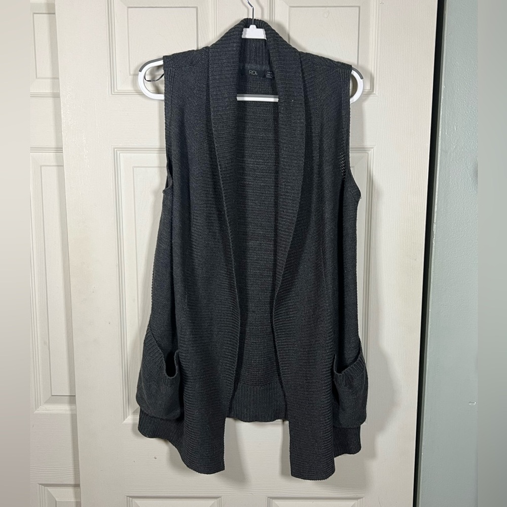 RD Style Charcoal Gray Knit Sleeveless Cardigan Vest Longline Pockets Boho Layer - Picture 2 of 7